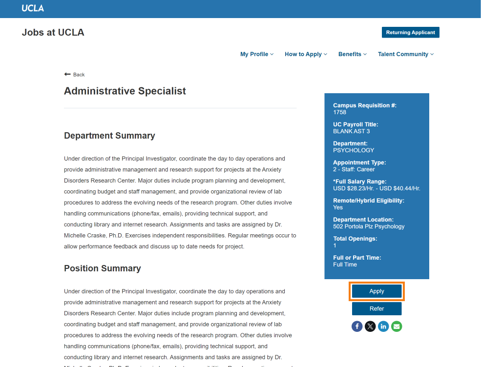 A screenshot of the job application site