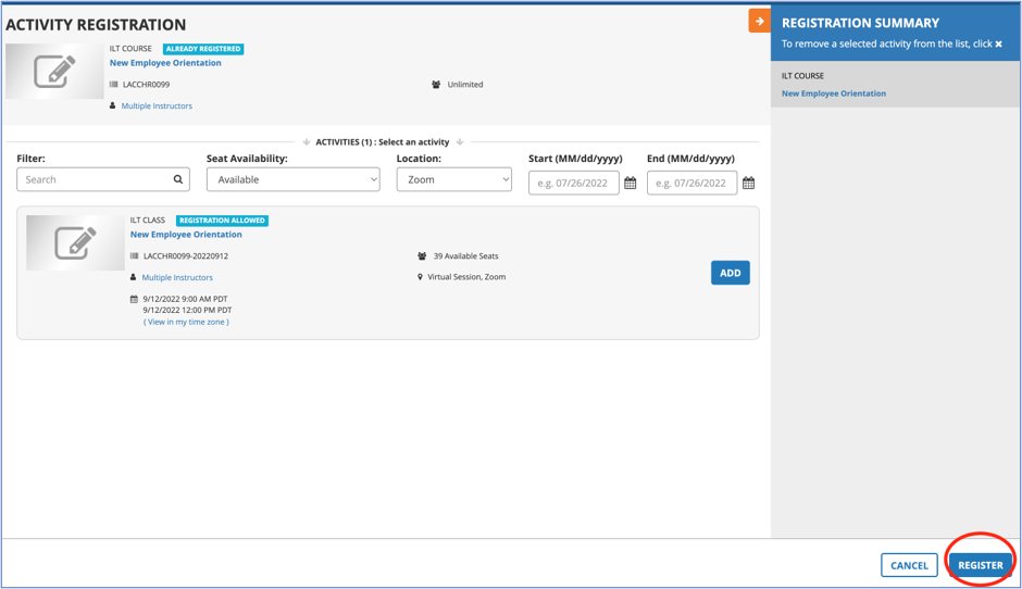 UC Learning Center interface with settings and a review registration button.