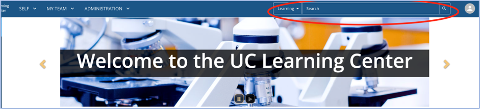 UC Learning Center welcome banner with abstract blue and orange lab equipment background.