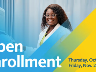 Open Enrollment flyer with a smiling woman in a lab coat.